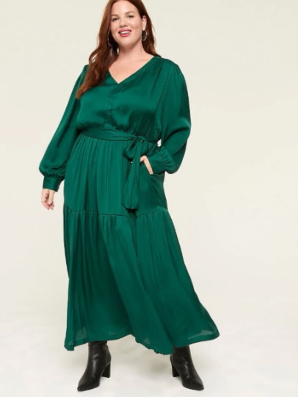Lane Bryant Women’s Plus Size 26 Long Sleeve Satin Maxi Dress Dark Green V-Neck